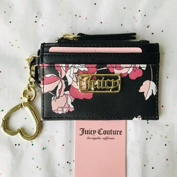 Juicy Couture Pretty Rose Black Statement Card case w Zip coin 4.5"X 2.7" - Picture 1 of 2